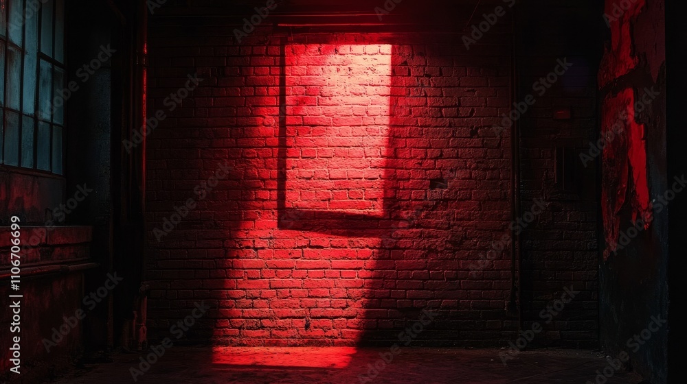 Poster hologram projected onto a brick wall, creating a vibrant futuristic digital effect. the image blends