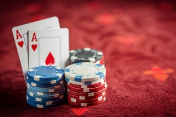 Close-Up View of Poker Chips and Ace Cards on a Red Felt Table: A Thrilling Game of Chance