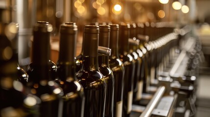 Winery Bottling Line with Rows of Wine Bottles in Factory