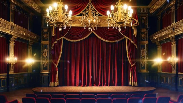 Theatre day : A classic, grand theater interior with red velvet curtains, gold accents, and beautiful chandeliers., smooth looping video with 4K animation 