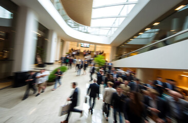 Dynamic long exposure of a bustling office lobby filled with business professionals in motion, capturing the energy of fast-paced movement with vivid blurs and streaks of light, set against a sleek an
