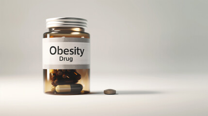 Close-up of partially opened prescription pill bottle labeled "Obesity Drug" with visible pills inside, symbolizing the start of a weight management treatment journey on a clean white background
