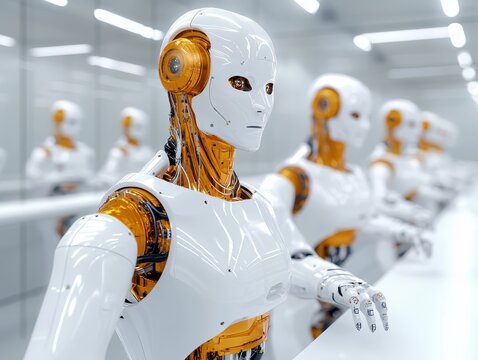 Engineers programming precision robotics on a manufacturing line