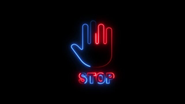 Colorful stope hand icon animation on black background. dynamic Visual Communication: The Use of Bright, Glowing Colors in a Prohibition Symbol to Create a Powerful Message About Safety
