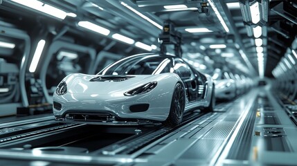 Automated robotic arm assembly line in a car factory manufacturing silver semi-finished cars on a production conveyor. Wide-angle shot of the factory's side view showing the vehicle before painting.