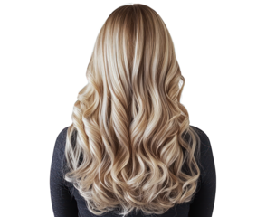 Chic Back View of Long Light Blonde Hair, Available in Wavy and Straight designs.
