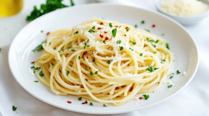 A simple plate of spaghetti aglio e olio, garnished with parsley and red pepper flakes, Minimalist table setting