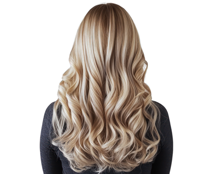 Chic Back View of Long Light Blonde Hair, Available in Wavy and Straight designs.