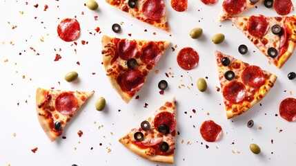 Pepperoni pizza slices and olives in flight on white background.