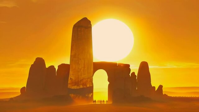 A golden sun setting over a flat plain, highlighting the silhouette of a colossal stone gateway.