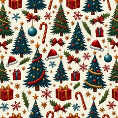 White wallpaper with Christmas gifts, sweets, hats, pine trees, blue balls