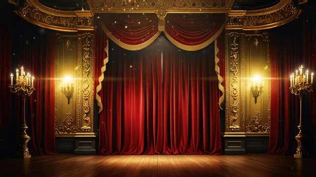 Theatre day : A classic, grand theater interior with red velvet curtains, gold accents, and beautiful chandeliers., smooth looping video with 4K animation 