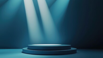 Two-Tiered Circular Platform with Light Rays in a Blue Room