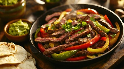 A sizzling skillet of fajitas filled with strips of tender steak, bell peppers, and onions