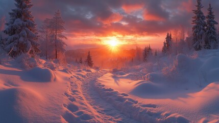 Beautiful natural landscape view Sunset view in winter with Snow Mountain in the background