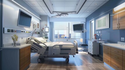 Modern Hospital Room with Advanced Medical Equipment and Patient Bed