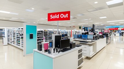 Sold out electronics shelf displaying popular gadgets and devices, reflecting high demand and consumer enthusiasm for cutting-edge technology.