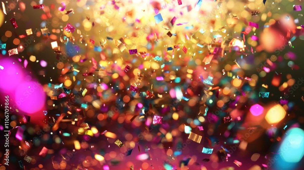 Poster bright, colorful confetti falling from above, creating a festive atmosphere with a blurred backgroun