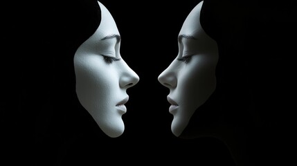 Fototapeta premium Change mind represented by two faces, one turning away from the other, showing a shift in thinking
