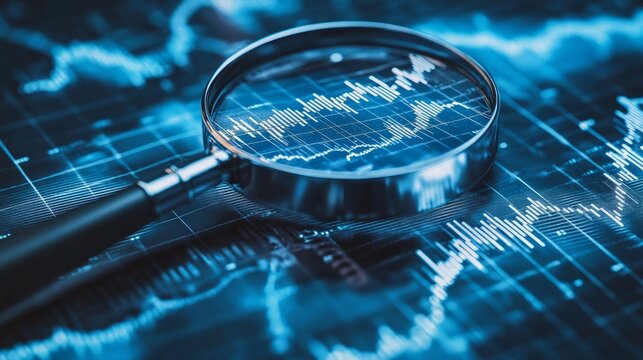  create a stock photo of a magnifying glass over an analysis graph a visual representation of business diagnosis in shades of blue and gray,ultra - detailed, super detailed, 