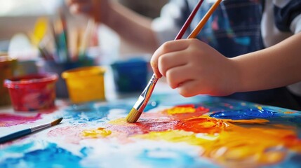 Children painting at a table, using brushes and bright colors to create art