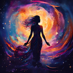 a vibrant silhouette of a meta human goddess spirit stands against a cosmic galaxy backdrop radiati
