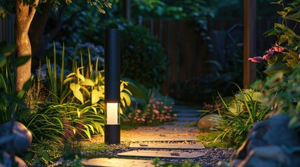 Glowing Bollard Lamp in Backyard Garden with Outdoor Illumination Theme.