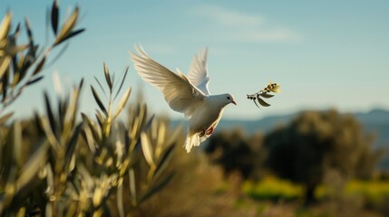 Serene landscape with white dove in flight symbolizing peace and ceasefire, calm blue sky, distant mountains, and single olive branch in foreground.	