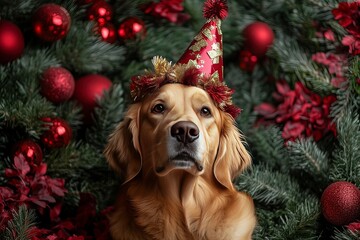 Golden retriever celebrating new year 2025 in festive party hat with generative ai
