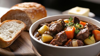 A steaming bowl of hearty beef stew brimming with tender chunks of meat and colorful vegetables, Bowl centered, Soft overhead lighting enhancing the rich colors