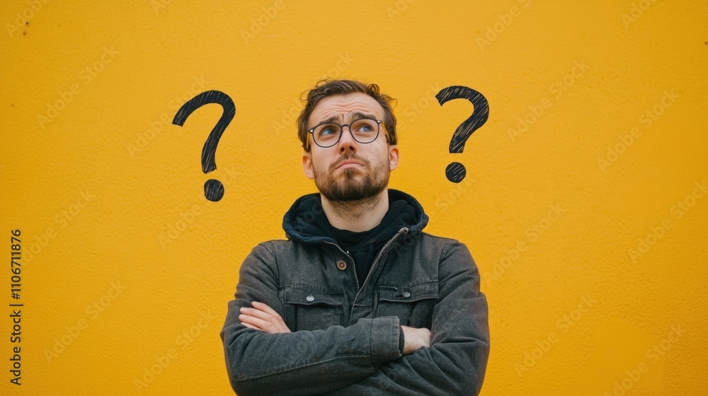 Poster confused person looking puzzled with scattered thoughts or question marks around them