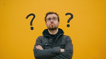 Confused person looking puzzled with scattered thoughts or question marks around them