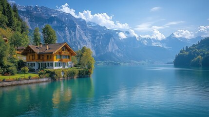 Fototapeta premium Beautiful natural landscape view a House by the lake mountains in the background