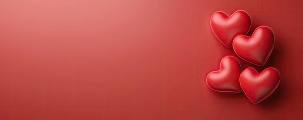 A vibrant red background features four glossy heart-shaped decorations, symbolizing love and affection.