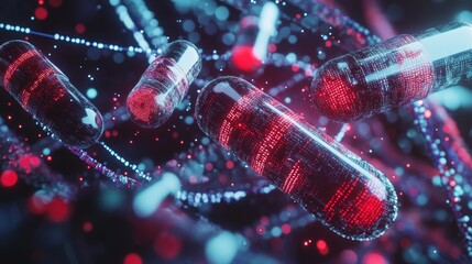 several drug capsules in front of intertwined DNA strands, an AI concept background, the capsules are wrapped in neural networks, technological,