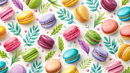 Obraz premium Colorful Macarons and Watercolor Greenery Pattern A Delightful Sweet Treat Background