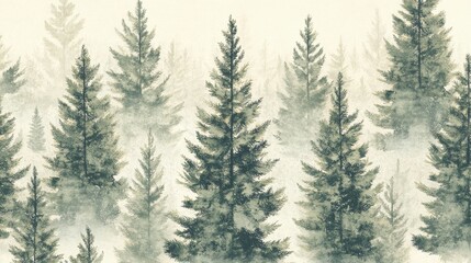 The detailed seamless pattern of pine trees in gray and green tones adopts an elegant and minimalist style, characterized by soft tree shapes and vector graphics, with a clean white background.