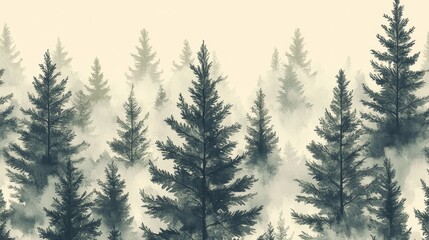 The detailed seamless pattern of pine trees in gray and green tones adopts an elegant and minimalist style, characterized by soft tree shapes and vector graphics, with a clean white background.