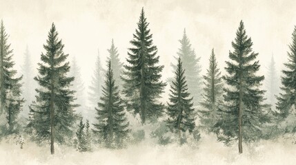 Fototapeta premium The detailed seamless pattern of pine trees in gray and green tones adopts an elegant and minimalist style, characterized by soft tree shapes and vector graphics, with a clean white background.