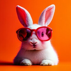 Cute White Bunny in Oversized Red Sunglasses on Vibrant Orange Background for Fun Illustrations and Prints