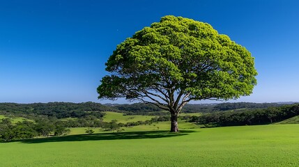 Fototapeta premium Lush Green Tree Against Clear Blue Sky in Peaceful Serene Landscape