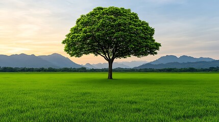 Fototapeta premium Lush Green Tree Standing Tall Against Scenic Mountain Landscape at Sunrise