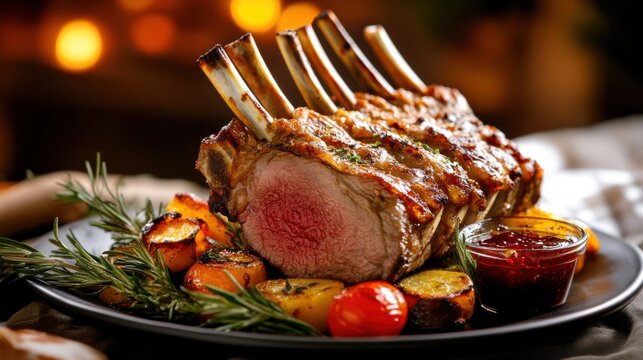 A succulent rack of lamb served with roasted vegetables and mint jelly on the side, Lamb rack centered, Soft diffused lighting accentuating the juicy meat