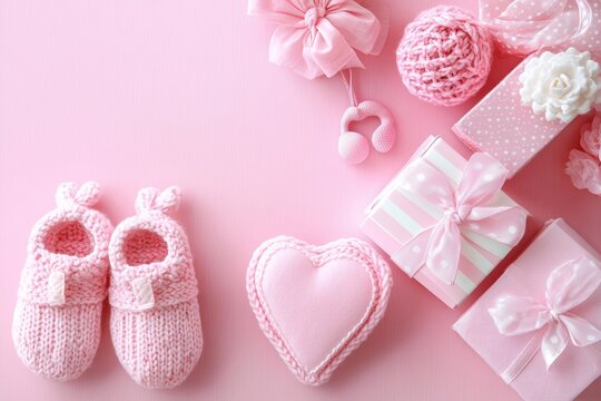 Pastel Pink Baby Shower Setup with Knitted Booties and Gift Boxes for Newborn Celebration