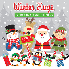 Christmas card design with Santa, snowman. elf, reindeer and penguin