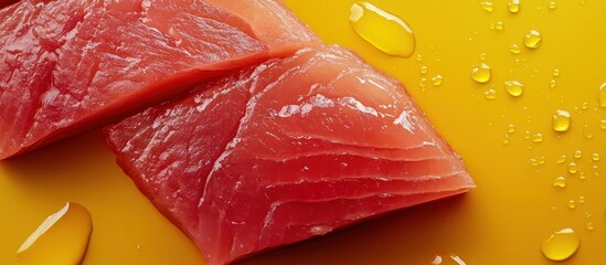 Raw tuna steak with drops of water, extreme close-up, isolated on a simple gradient background 