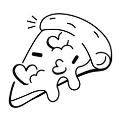 A hand drawn icon of pizza slice with melting cheese 

