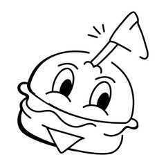 Hand drawn style icon of burger with an emoji 

