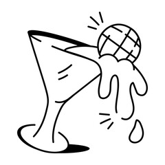 Spilling cocktail glass with a disco ball, doodle icon 


