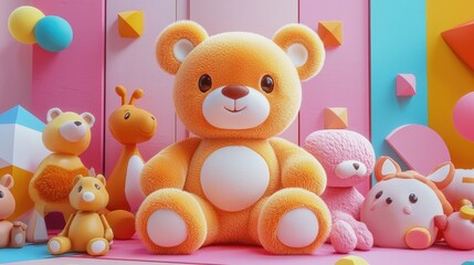 A large plush toy bear is sitting on top of many other toys, in a cartoon-style 3D rendering. The digital art has a simple background, high resolution,